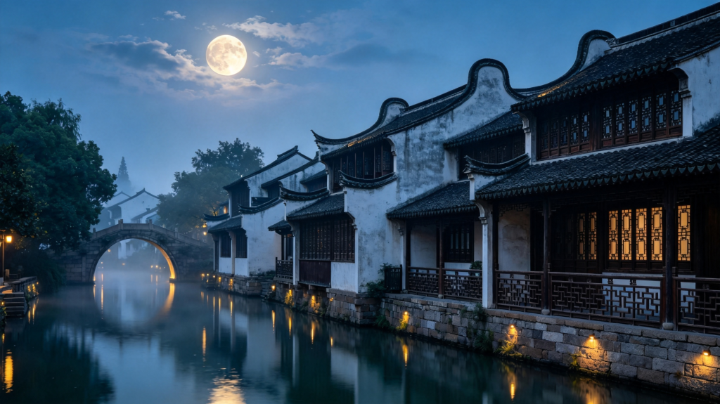 中秋满月江南夜景摄影图
