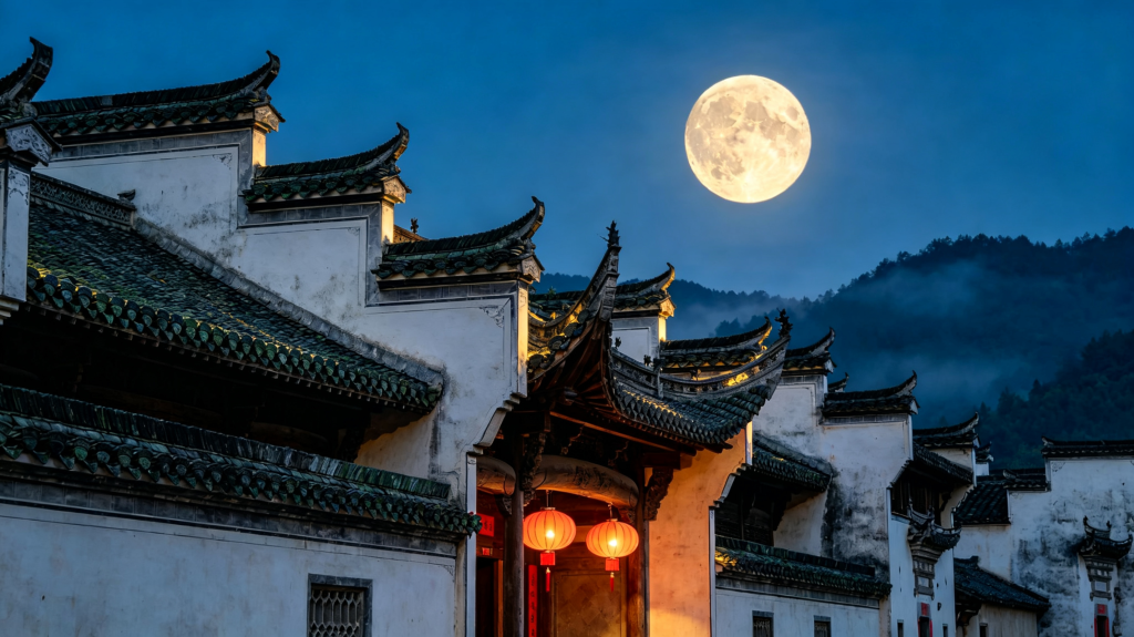 中秋满月江南夜景摄影图
