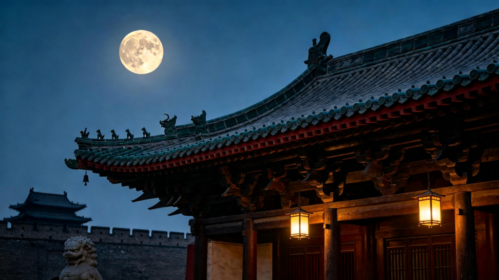 中秋满月江南夜景摄影图