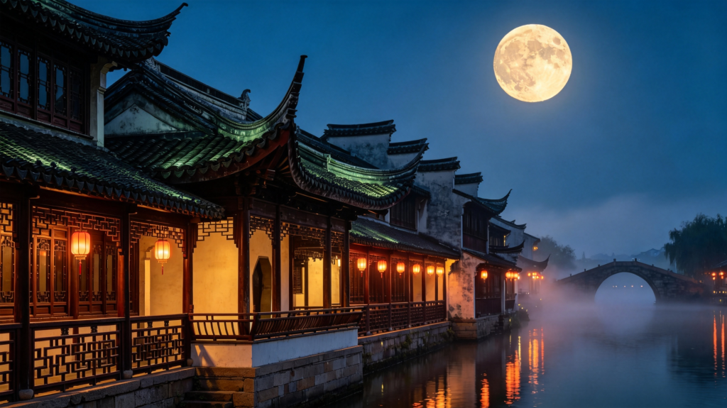 中秋满月江南夜景摄影图