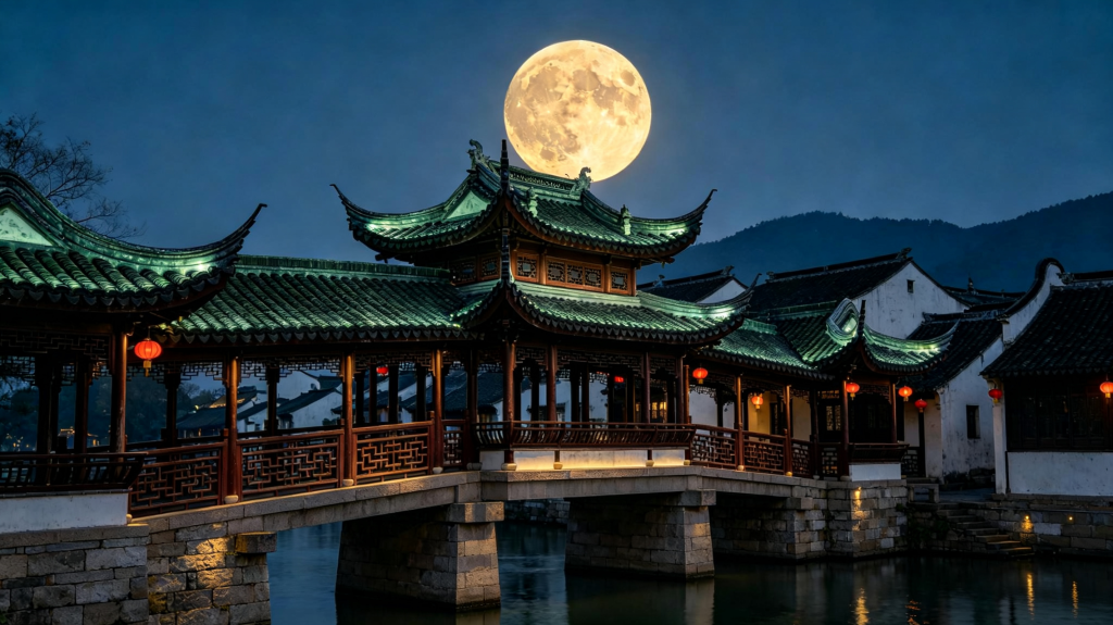 中秋满月风雨桥江南夜景摄影图