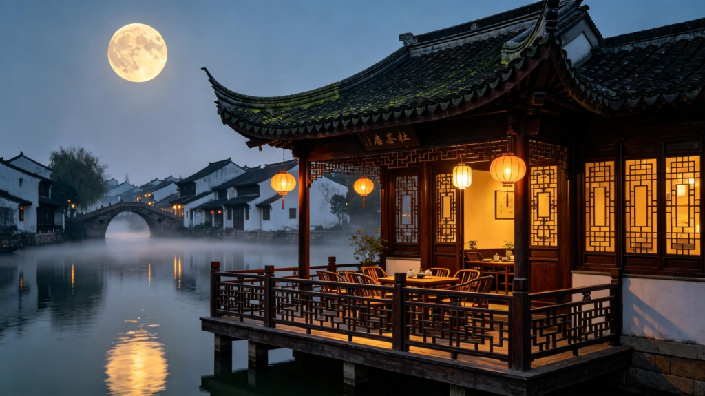 中秋满月茶社水榭江南夜景摄影图