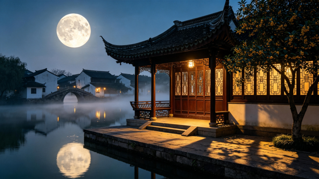 中秋满月江南夜景摄影图