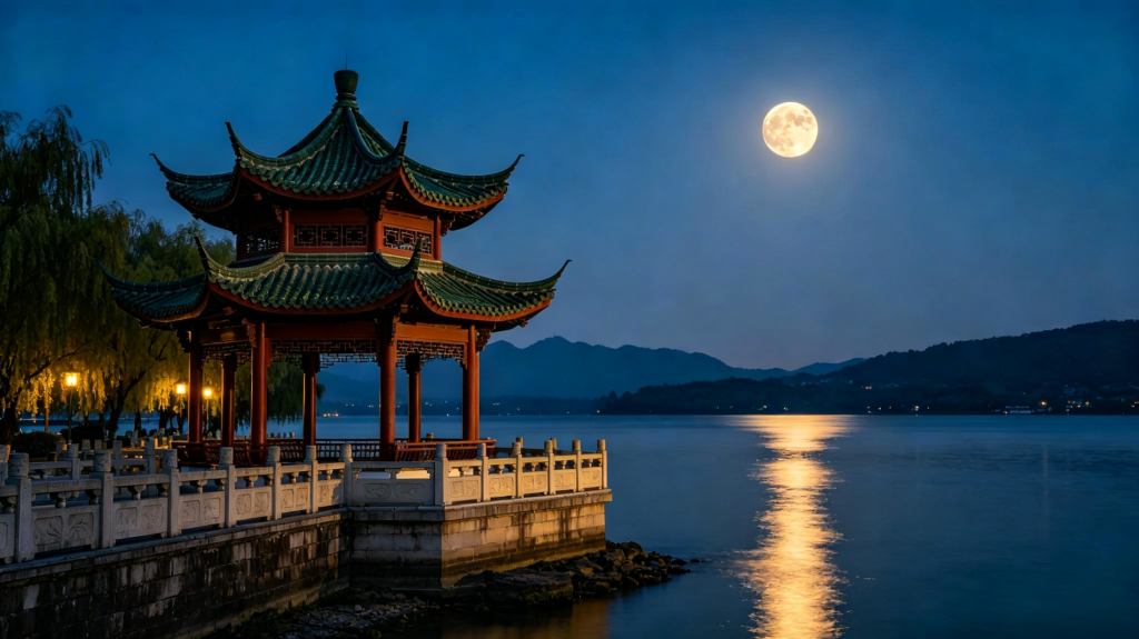 中秋满月凉亭夜景摄影图