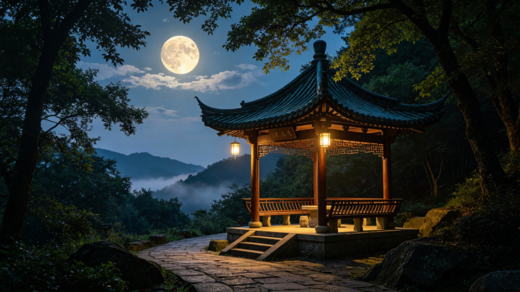 中秋满月凉亭夜景摄影图