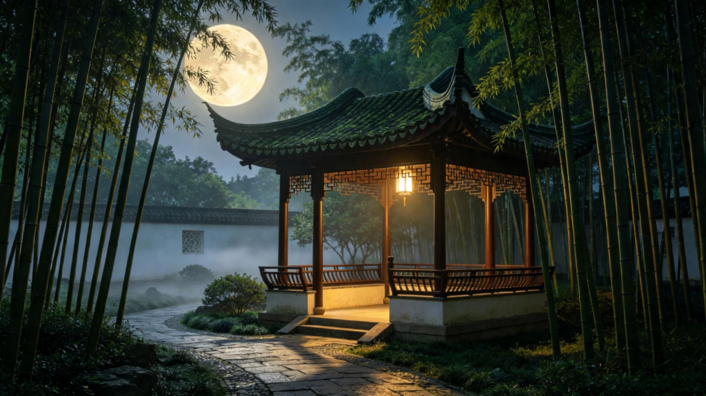 中秋满月凉亭夜景摄影图