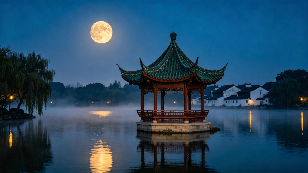 中秋满月凉亭夜景摄影图