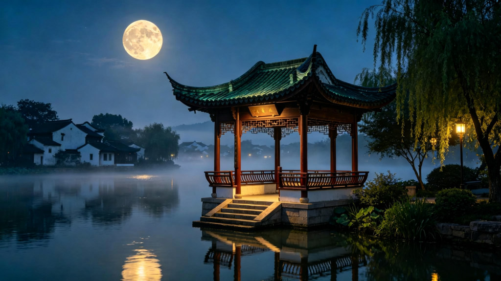 中秋满月凉亭夜景摄影图