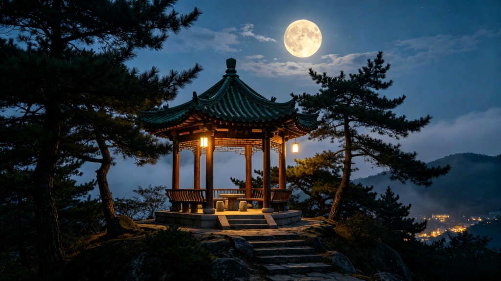 中秋满月凉亭夜景摄影图