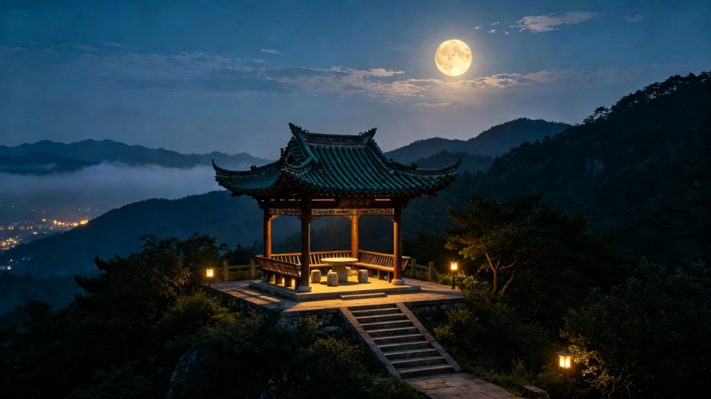 中秋满月凉亭夜景摄影图