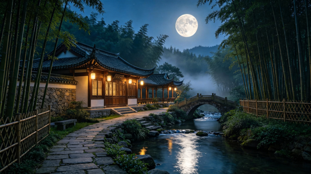 中秋满月田园夜景摄影图
