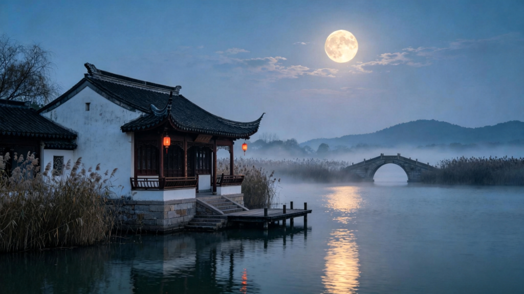 中秋满月田园夜景摄影图