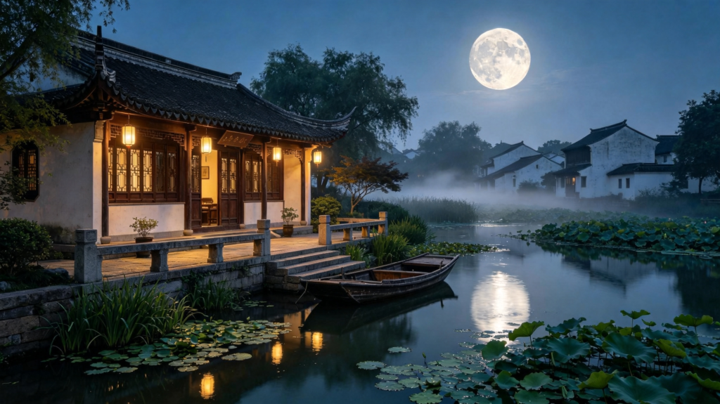 中秋满月田园夜景摄影图