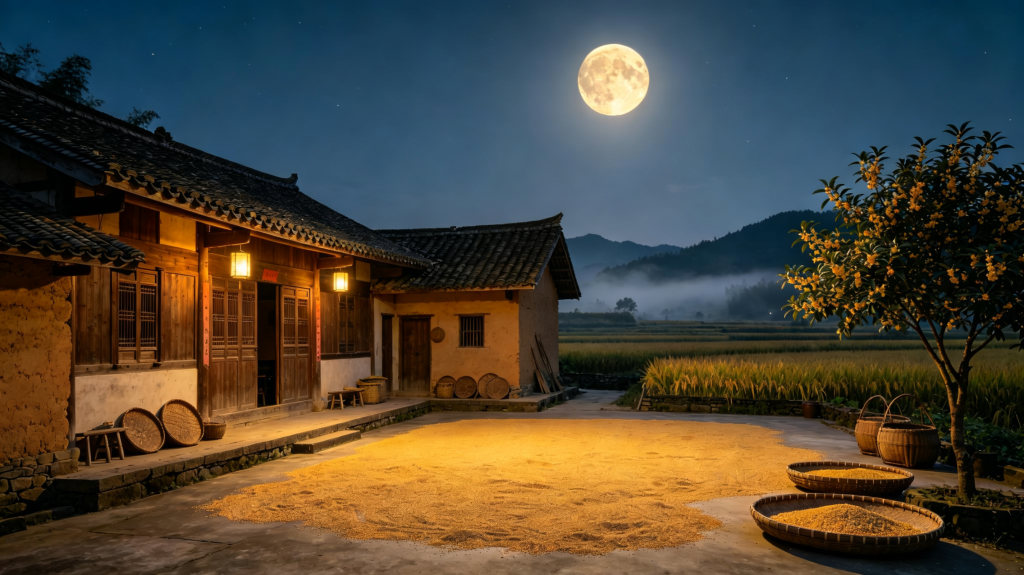 中秋满月农家小院田园夜景摄影图
