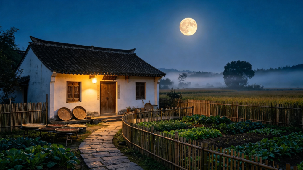 中秋满月农家小院田园夜景摄影图