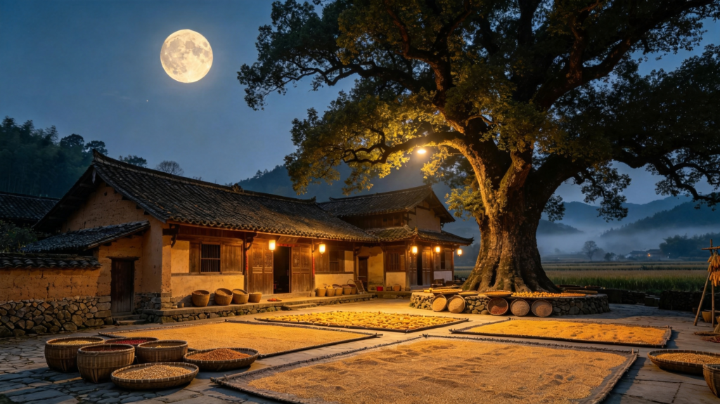 中秋满月农家小院田园夜景摄影图