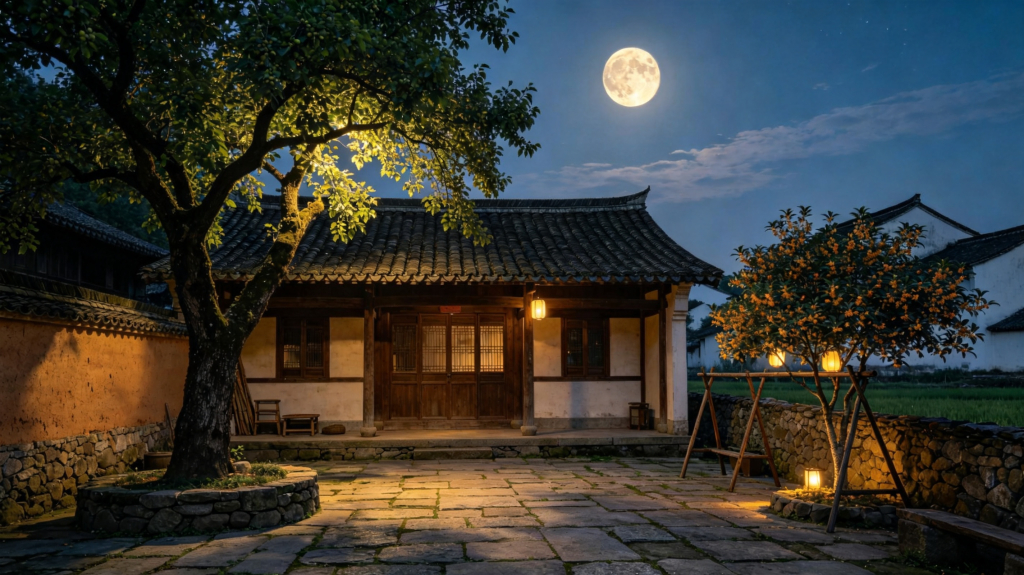 中秋满月农家小院田园夜景摄影图