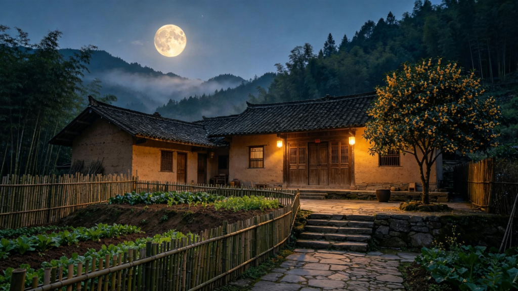中秋满月农家小院田园夜景摄影图