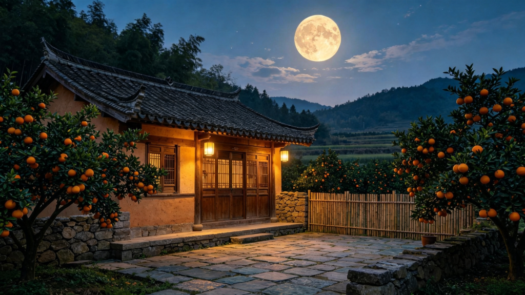 中秋满月农家小院田园夜景摄影图