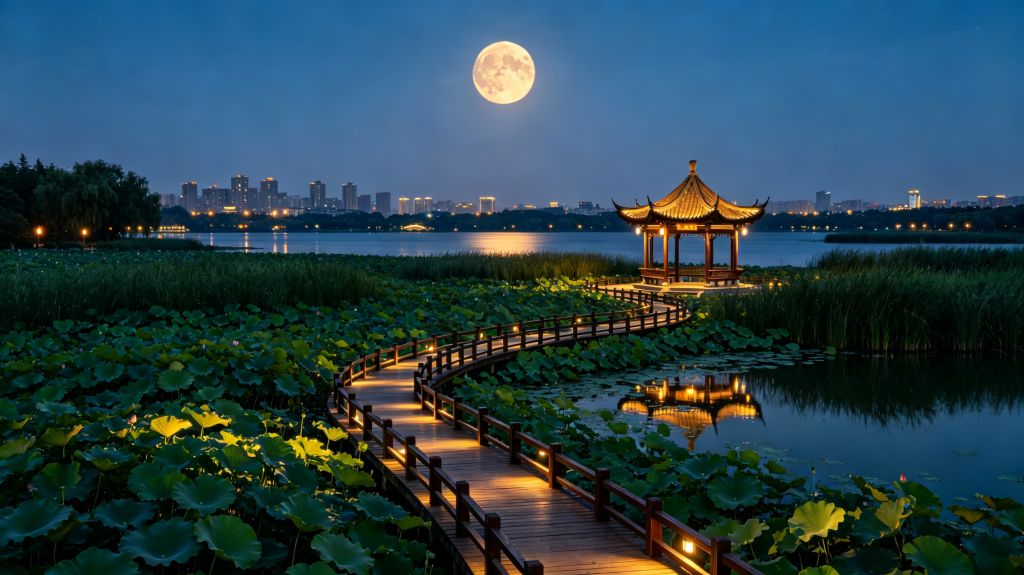 中秋夜湖边风景摄影图