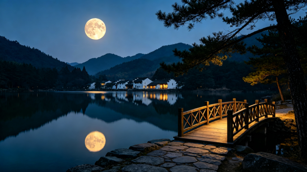 中秋夜湖边风景摄影图