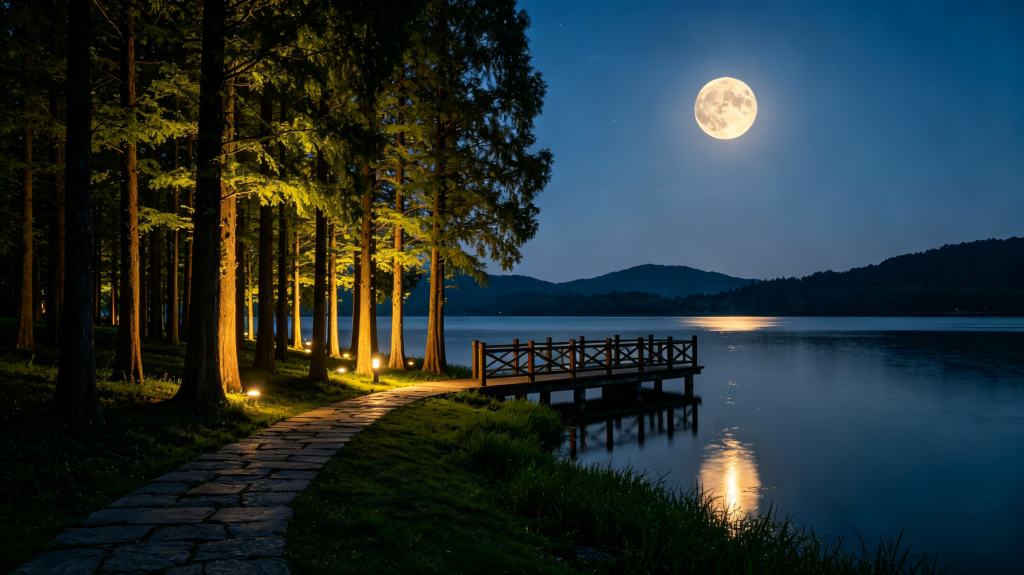 中秋夜公园江边风景摄影图