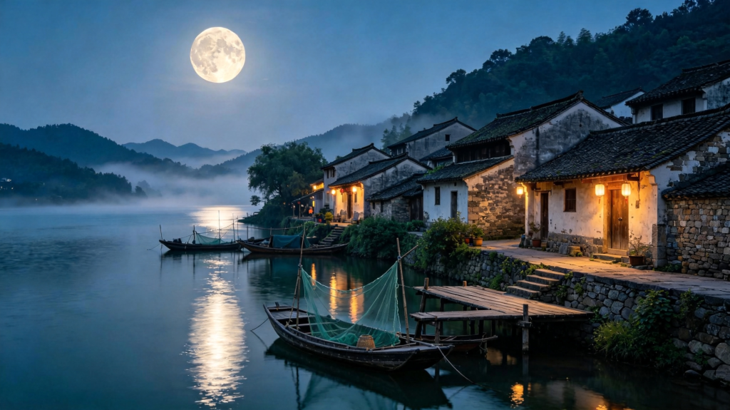 中秋夜湖边渔村风景摄影图