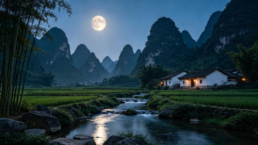 中秋节中秋夜桂林山水田园风景摄影图