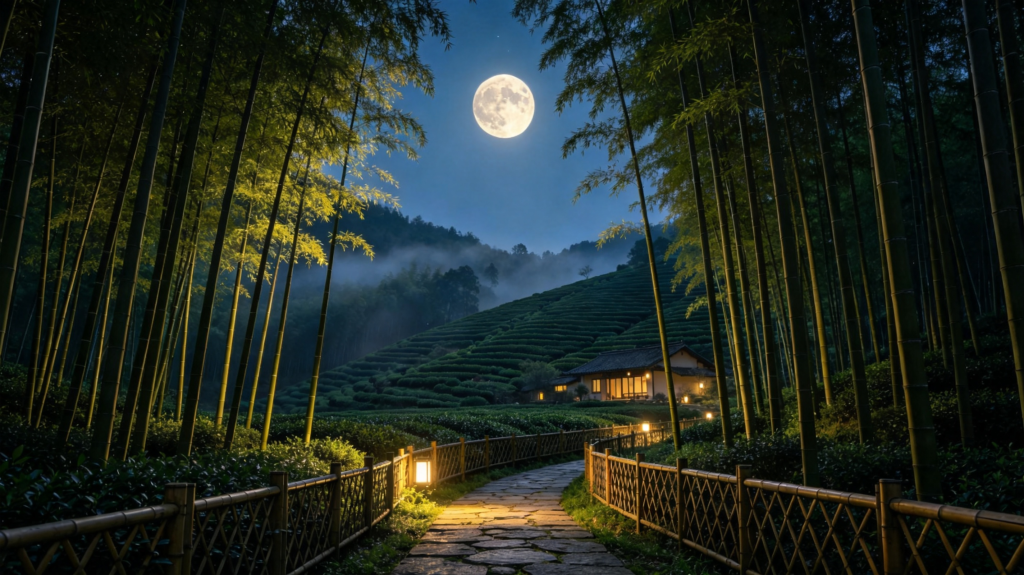 中秋夜满月竹林深处风景摄影图