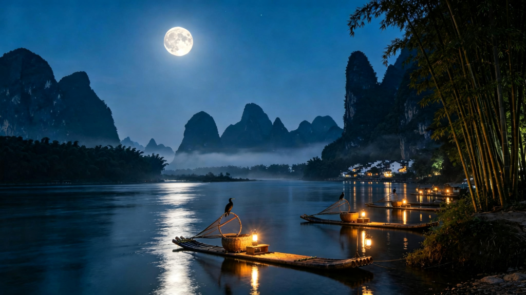 中秋节中秋夜桂林山水田园风景摄影图