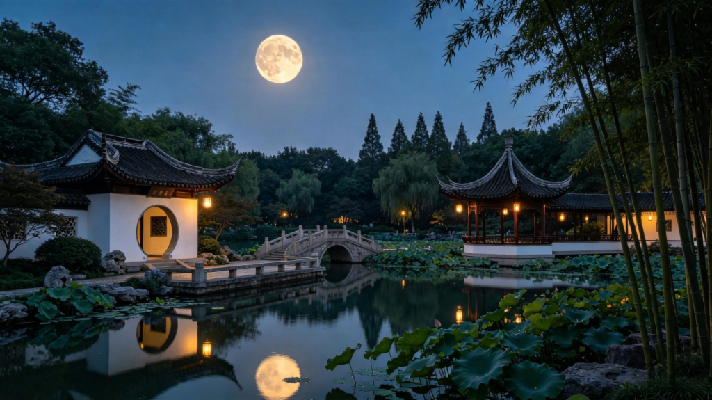 中秋夜江南园林田园风景摄影图