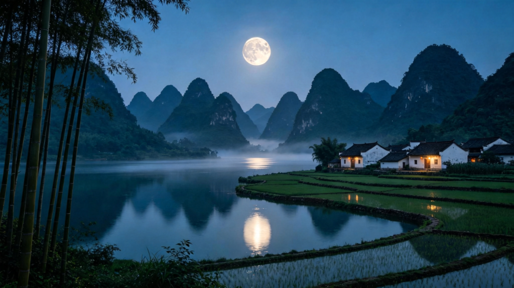 中秋节中秋夜桂林山水田园风景摄影图