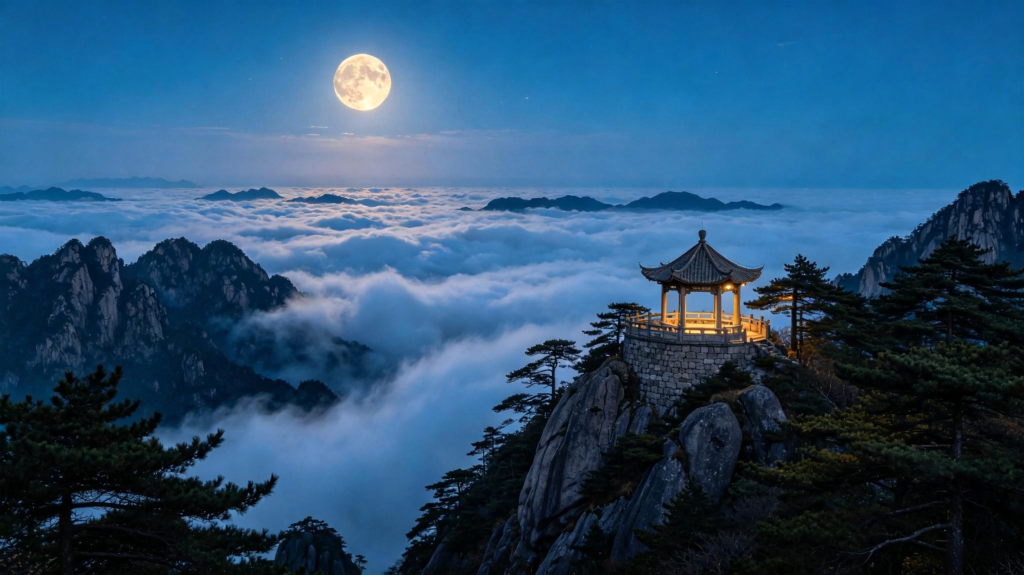 中秋夜中秋节满月云海赏月山水风景摄影图