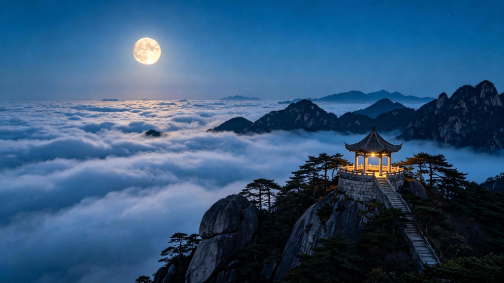 中秋夜中秋节满月云海赏月山水风景摄影图