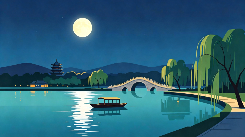 中秋夜园林风景插画绘画