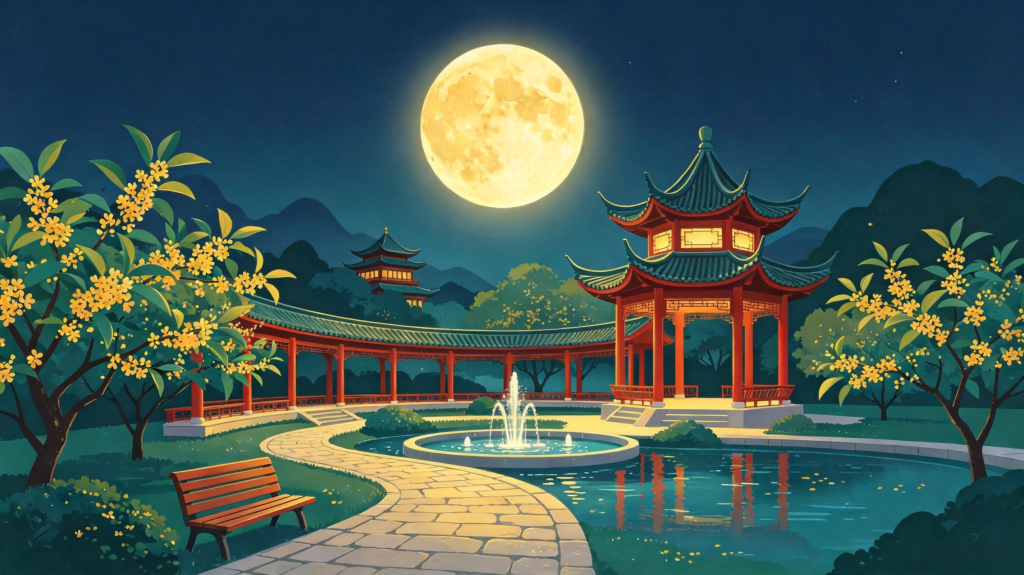 中秋夜园林风景插画绘画