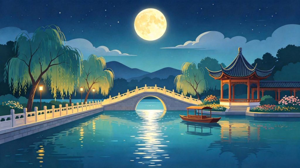 中秋夜园林风景插画绘画