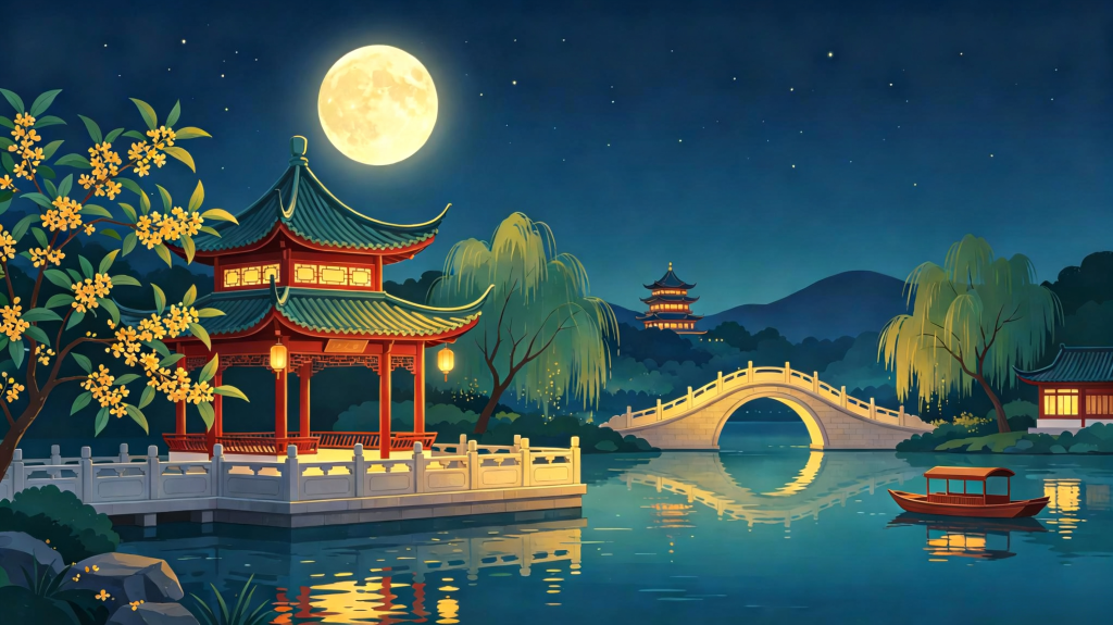 中秋夜园林风景插画绘画
