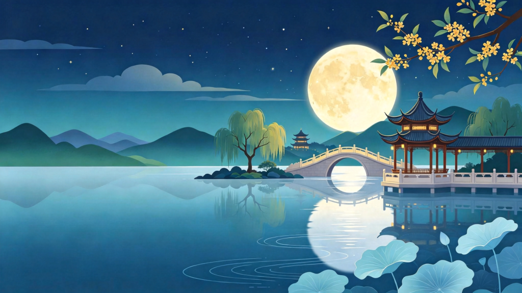 中秋夜园林风景插画绘画