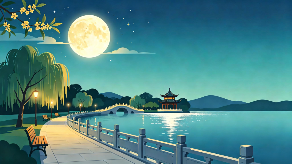 中秋夜园林风景插画绘画