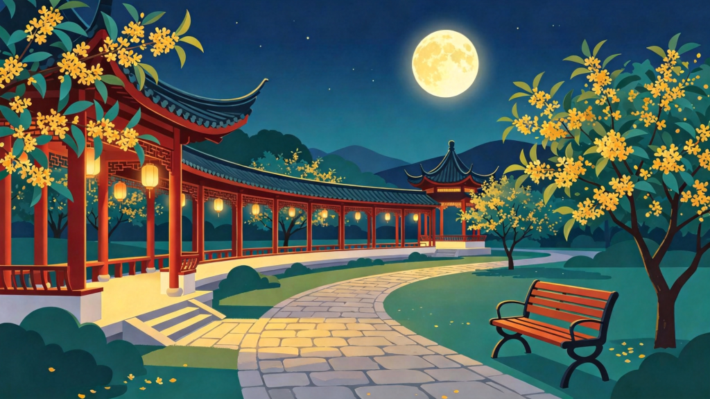 中秋夜园林风景插画绘画