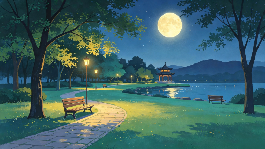中秋夜园林风景插画绘画