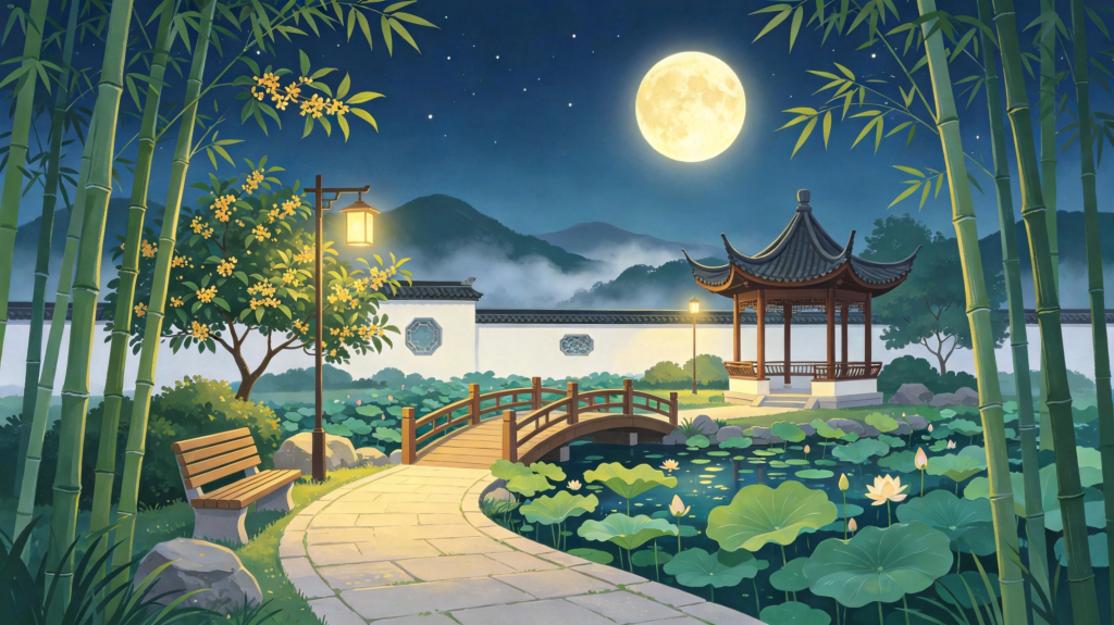 中秋夜园林风景插画绘画