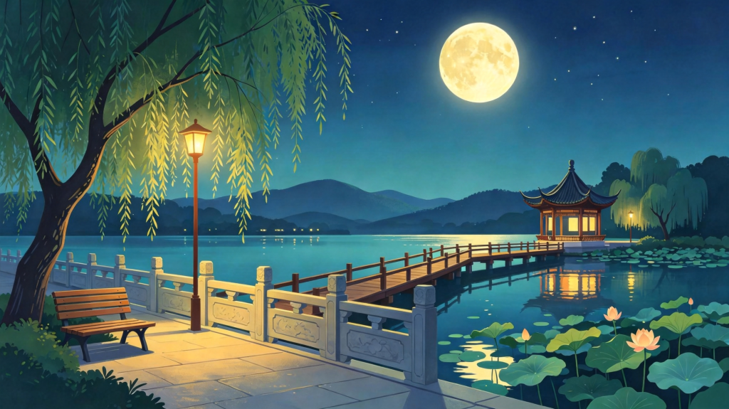 中秋夜园林风景插画绘画