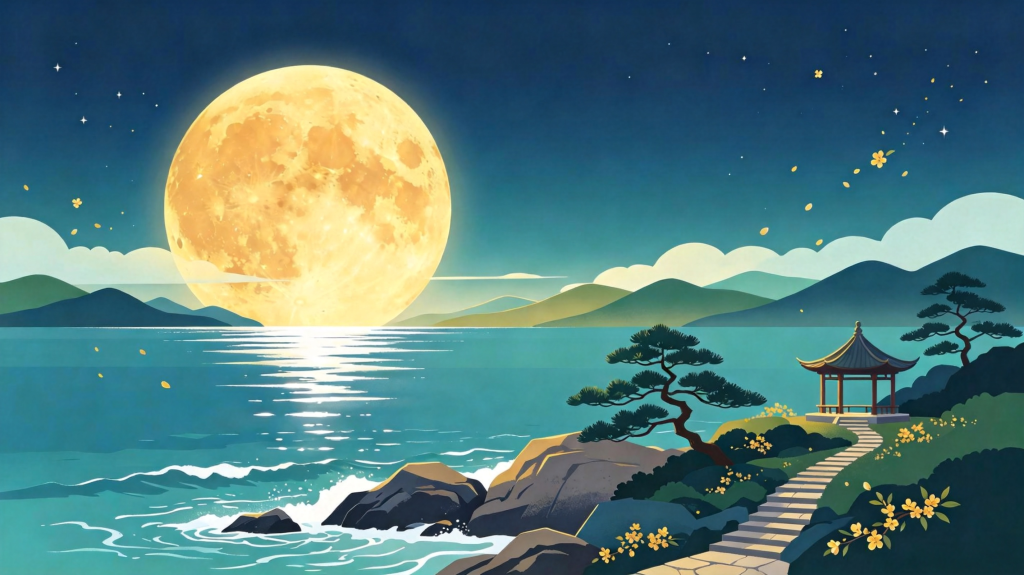 中秋夜园林风景插画绘画