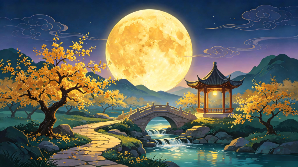 中秋夜园林风景插画绘画