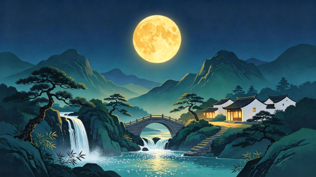 中秋夜园林风景插画绘画