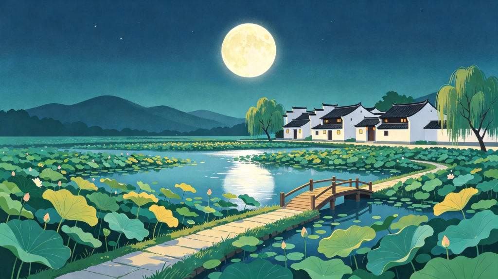 中秋夜园林风景插画绘画