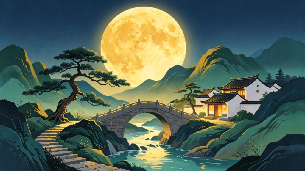 中秋夜公园风景插画绘画