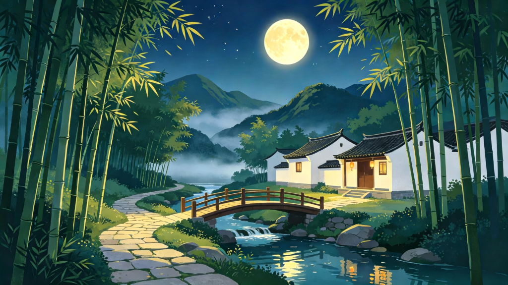 中秋夜公园风景插画绘画